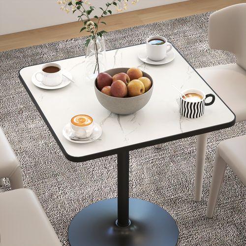 Table à Manger Design Bistrot 4 Personnes Métal Noir Plateau Effet Marbre Blanc
