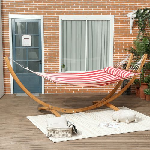 Hamac Sur Pied En Bois - 1 Place - Toile Coton Rouge Blanc Rayée