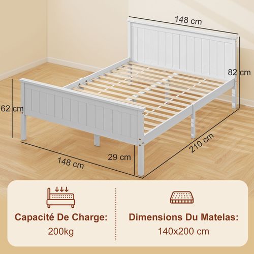 Lit Double - Tête, Pied Et Sommier - 210l X 148l X 82h Cm - Compatible Matelas 200l X 140l Cm