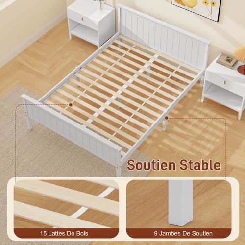 Lit Double - Tête, Pied Et Sommier - 210l X 148l X 82h Cm - Compatible Matelas 200l X 140l Cm