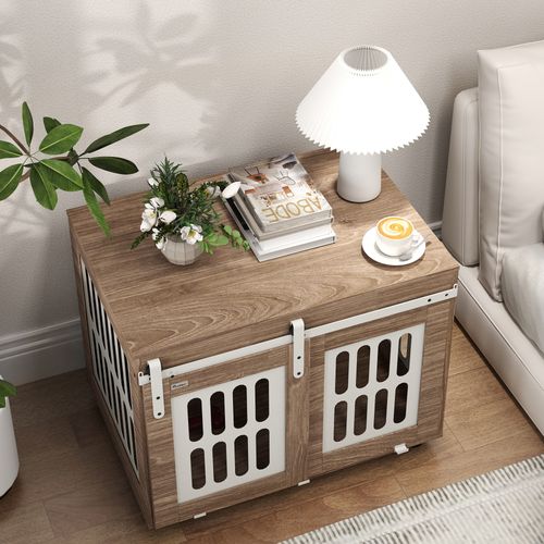 Cage Pour Chien En Bois Effet Noyer Porte Coulissante Verrouillable