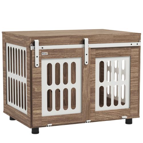 Cage Pour Chien En Bois Effet Noyer Porte Coulissante Verrouillable