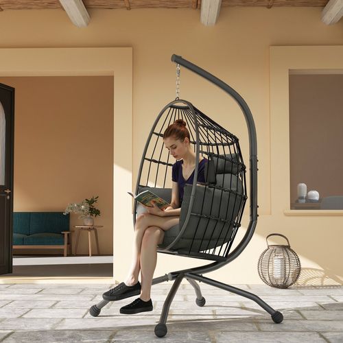 Fauteuil Suspendu - Panier Pliable - Épais Coussin - Acier Noir Résine Tissu