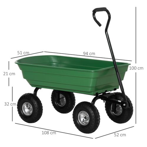 Chariot De Jardin 100l Max. 250 Kg 4 Roues Pneumatiques Poignée Réglable
