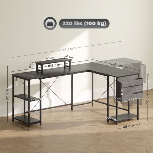 Bureau D'angle Modulable Style Industriel Acier Noir Effet Bois Naturel
