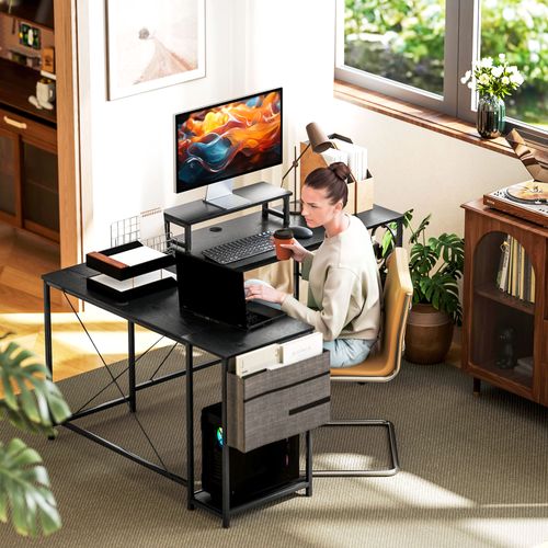 Bureau D'angle Modulable Style Industriel Acier Noir Effet Bois Naturel