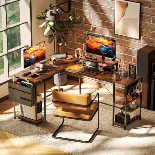 Bureau D'angle Modulable Style Industriel Acier Noir Effet Bois Naturel