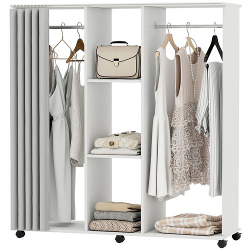 Armoire Penderie Mobile Sur Roulettes 2 Tringles 2 Étagères Rideau