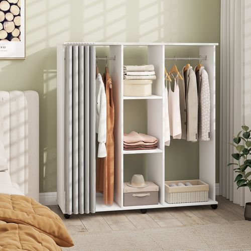 Armoire Penderie Mobile Sur Roulettes 2 Tringles 2 Étagères Rideau