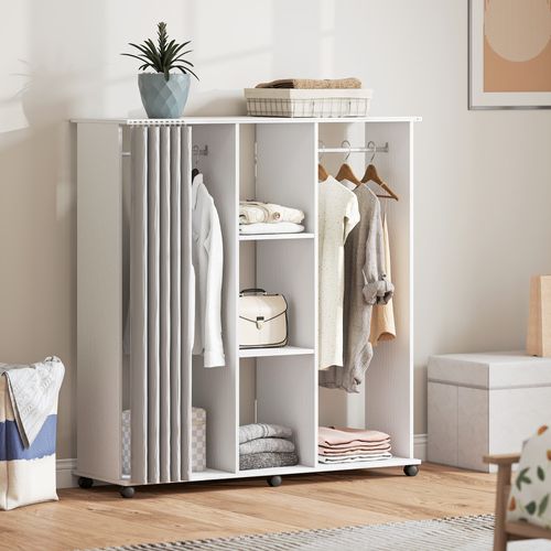 Armoire Penderie Mobile Sur Roulettes 2 Tringles 2 Étagères Rideau