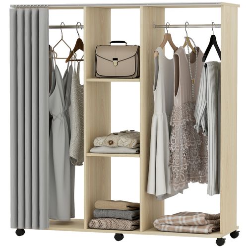 Armoire Penderie Mobile Sur Roulettes 2 Tringles 2 Étagères Rideau
