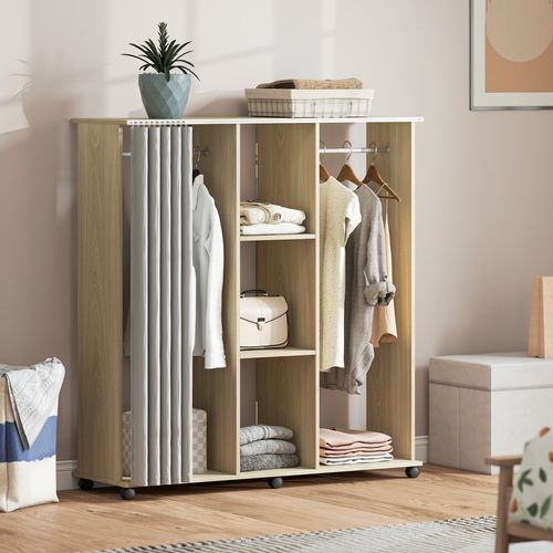 Armoire Penderie Mobile Sur Roulettes 2 Tringles 2 Étagères Rideau