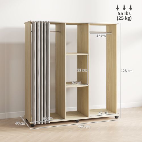 Armoire Penderie Mobile Sur Roulettes 2 Tringles 2 Étagères Rideau