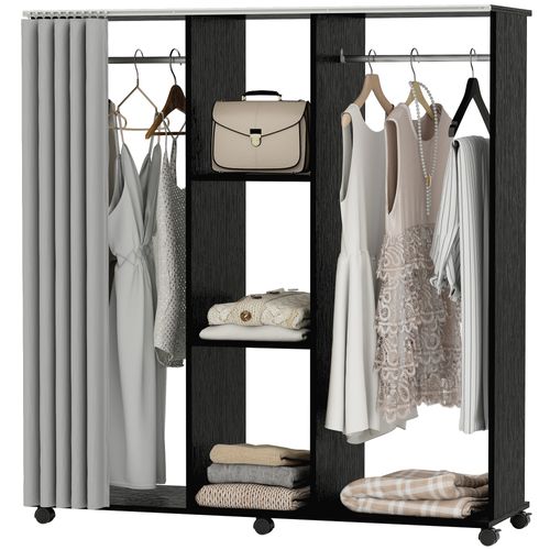 Armoire Penderie Mobile Sur Roulettes 2 Tringles 2 Étagères Rideau