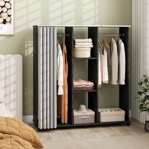 Armoire Penderie Mobile Sur Roulettes 2 Tringles 2 Étagères Rideau