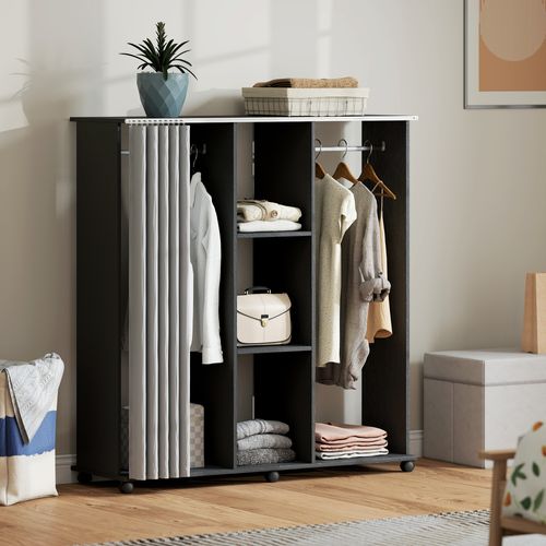 Armoire Penderie Mobile Sur Roulettes 2 Tringles 2 Étagères Rideau
