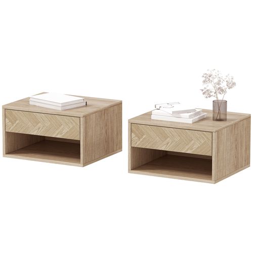 Lot De 2 Chevets Suspendus Tiroir Niche Effet Bois Naturel