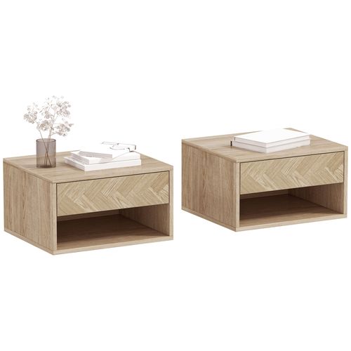 Lot De 2 Chevets Suspendus Tiroir Niche Effet Bois Naturel