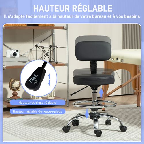 Tabouret Ergonomique Assise Haute Réglable 50-64cm Pivotant Avec Dossier