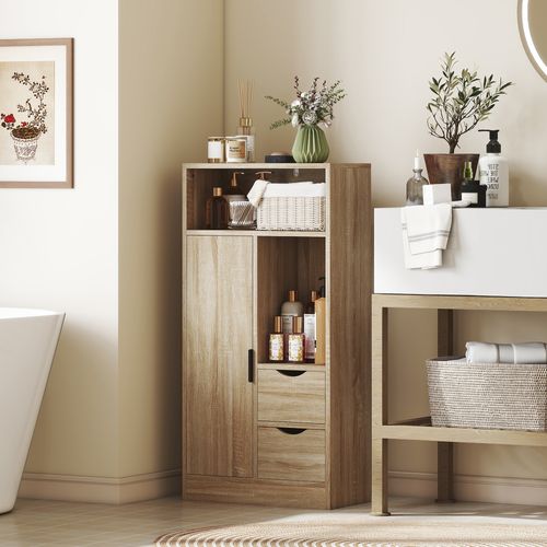 Meuble Bas Salle De Bain Porte Étagère 2 Niches 2 Tiroirs