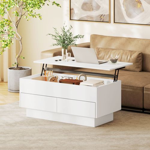 Table Basse Relevable Design - Coffre Interne, 2 Tiroirs - Blanc