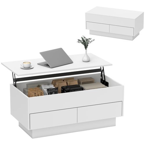 Table Basse Relevable Design - Coffre Interne, 2 Tiroirs - Blanc