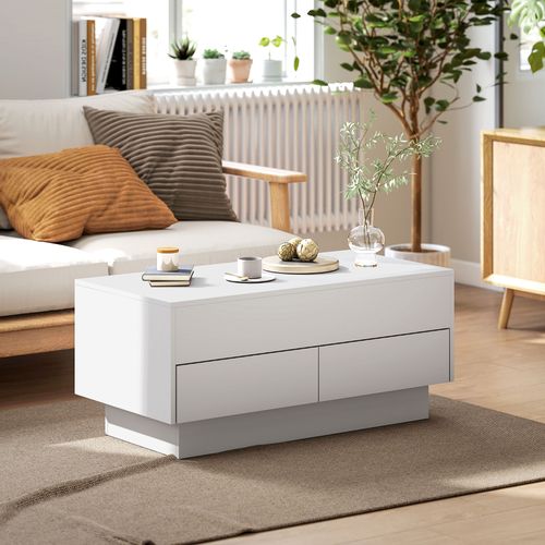 Table Basse Relevable Design - Coffre Interne, 2 Tiroirs - Blanc