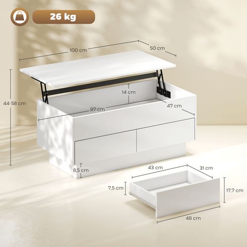 Table Basse Relevable Design - Coffre Interne, 2 Tiroirs - Blanc