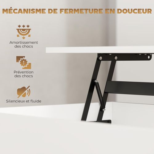 Table Basse Relevable Design - Coffre Interne, 2 Tiroirs - Blanc