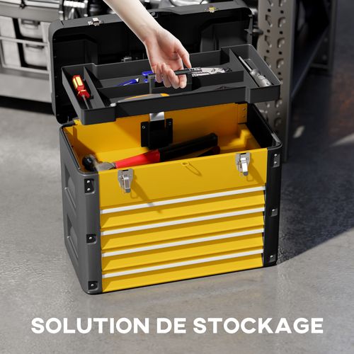 Boîte à Outils 4 Tiroirs Plateau Amovible 2 Boites Visserie Noir Jaune