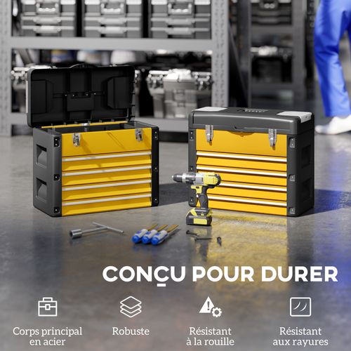 Boîte à Outils 4 Tiroirs Plateau Amovible 2 Boites Visserie Noir Jaune