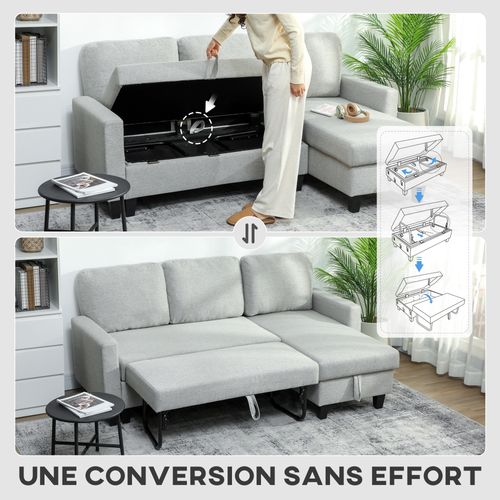 Canapé D'angle Convertible Réversible 3 Places Avec Coffre Tissu Gris Clair