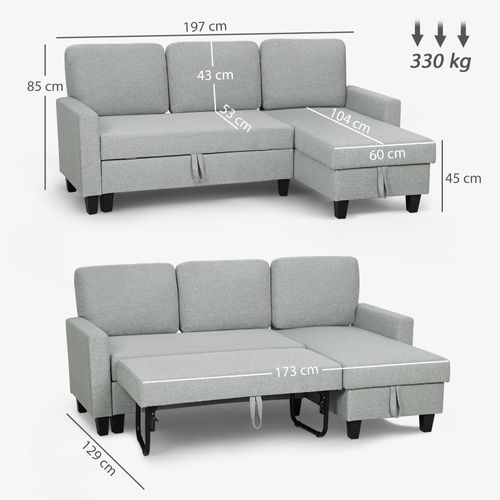 Canapé D'angle Convertible Réversible 3 Places Avec Coffre Tissu Gris Clair