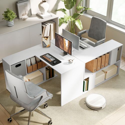 Bureau D'angle Tiroir Non Tissé Gris Étagère 3 Compartiments Blanc