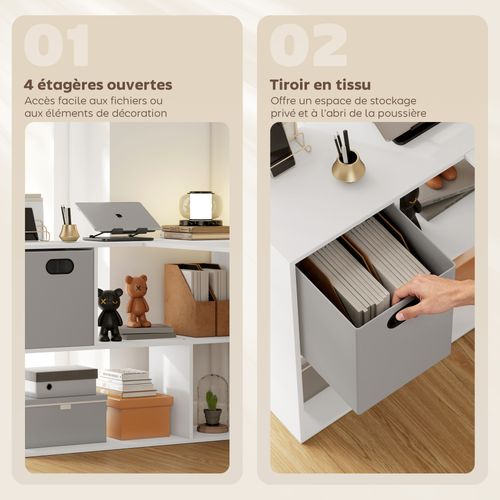 Bureau D'angle Tiroir Non Tissé Gris Étagère 3 Compartiments Blanc