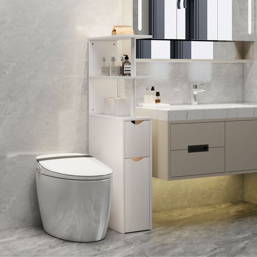 Colonne Salle De Bain - 2 Tiroirs, 2 Étagères - Mdf Métal Blanc