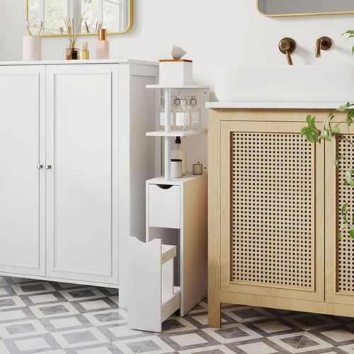 Colonne Salle De Bain - 2 Tiroirs, 2 Étagères - Mdf Métal Blanc