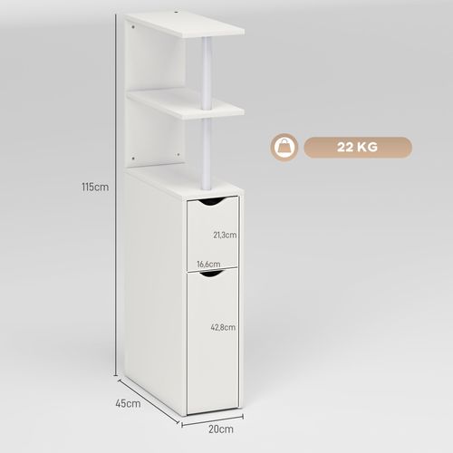 Colonne Salle De Bain - 2 Tiroirs, 2 Étagères - Mdf Métal Blanc