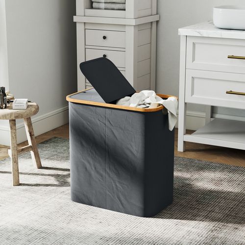 Panier à Linge Double Pliable 80l Non Tissé Bambou