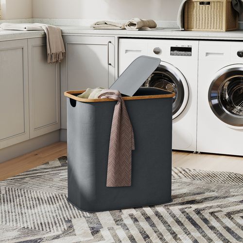 Panier à Linge Double Pliable 80l Non Tissé Bambou