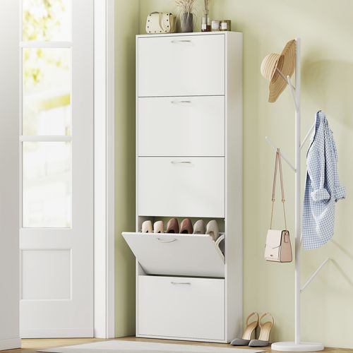 Meuble à Chaussures Colonne 5 Tiroirs Rabattables 65 X 17 X 180 Cm Blanc