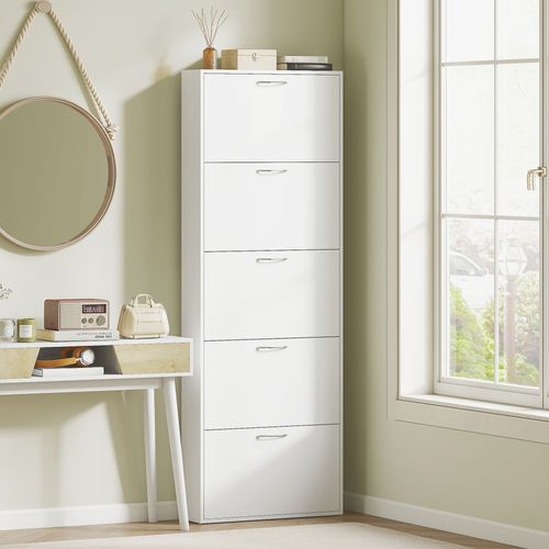 Meuble à Chaussures Colonne 5 Tiroirs Rabattables 65 X 17 X 180 Cm Blanc