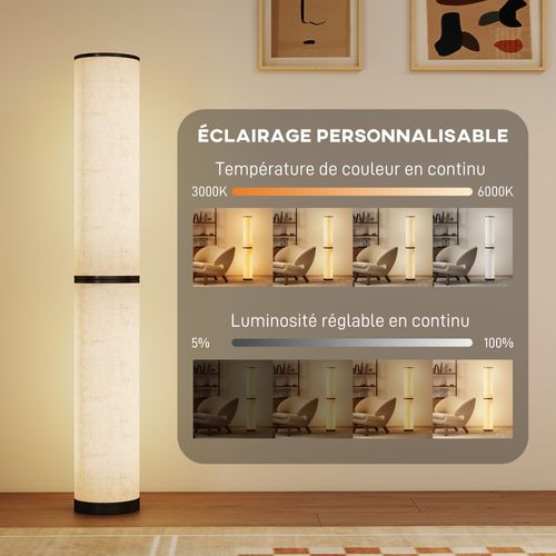Lampadaire Tube LED Droit Réglable 30w H.135cm Avec Télécommande Beige