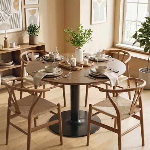 Table à Manger Ronde Acier Noir Effet Bois Noyer