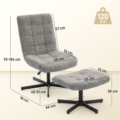 Fauteuil Lounge Inclinable Pivotant Avec Repose-pieds Métal Noir Tissu Bouclé Gris