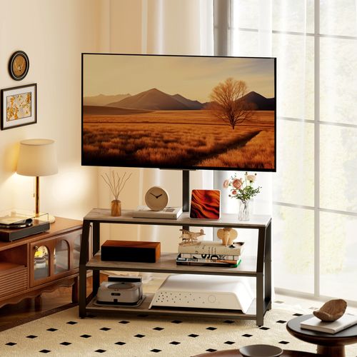 Meuble TV Avec Support Pour Téléviseurs 3 Étagères Métal Noir Effet Bois Gris