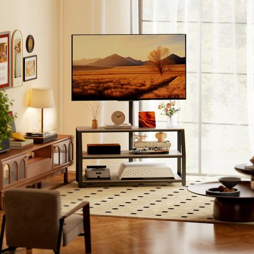 Meuble TV Avec Support Pour Téléviseurs 3 Étagères Métal Noir Effet Bois Gris