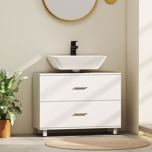 Meuble Vasque 2 Tiroirs Moderne Poignées Alliage Alu Blanc