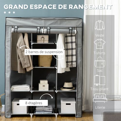 Armoire Penderie Multi-rangement - 8 Étagères, 2 Barres - Non Tissé