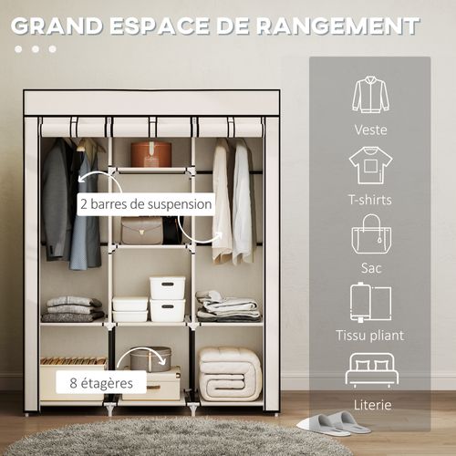 Armoire Penderie Multi-rangement - 8 Étagères, 2 Barres - Non Tissé